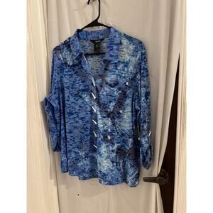 Ali Miles Blue Burnout Butterfly Print Button Up Blouse Sz Xl Petite NWT